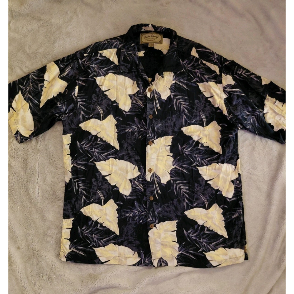 Palm Island Clothing Hawaiian Shirt Palm Leaves Cotton Rayon Blend Mens XL Blue